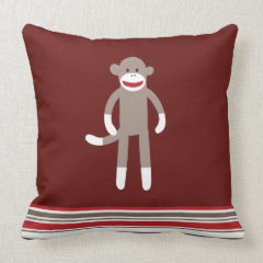 Cute Sock Monkey on Red with Stripes Pillow