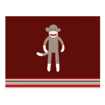 Cute Sock Monkey on Red with Stripes Postcards