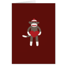Cute Sock Monkey with Hat Holding Heart Greeting Cards