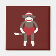 Cute Sock Monkey with Hat Holding Heart Magnet