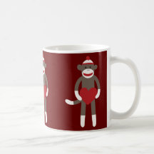 Cute Sock Monkey with Hat Holding Heart Coffee Mugs