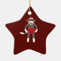 Cute Sock Monkey with Hat Holding Heart Christmas Tree Ornaments