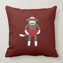 Cute Sock Monkey with Hat Holding Heart Throw Pillow
