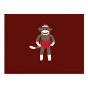 Cute Sock Monkey with Hat Holding Heart Postcards