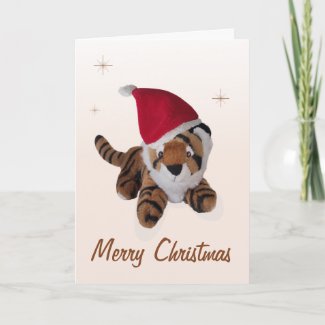 Cute Soft Toy Tiger In Santa Hat Merry Christmas card