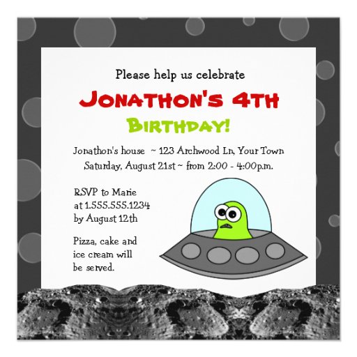 Cute Space Alien Theme Kids Birthday Custom Invite