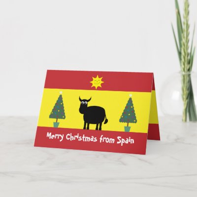 Cute Spanish flag Christmas card with funny Spanish bull a smiling sun and 
