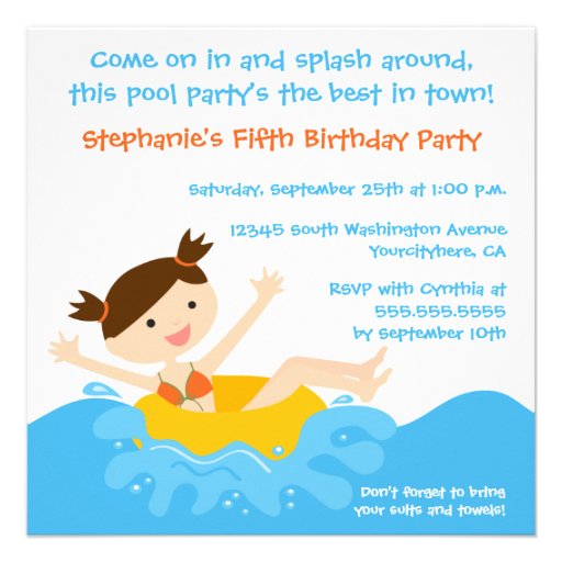 Cute splash girl's pool party birthday invitation