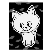 Cute Spooky White Cat and Bats. Greeting Cards