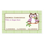 Cute spring owl on a branch, green plaid border business cards