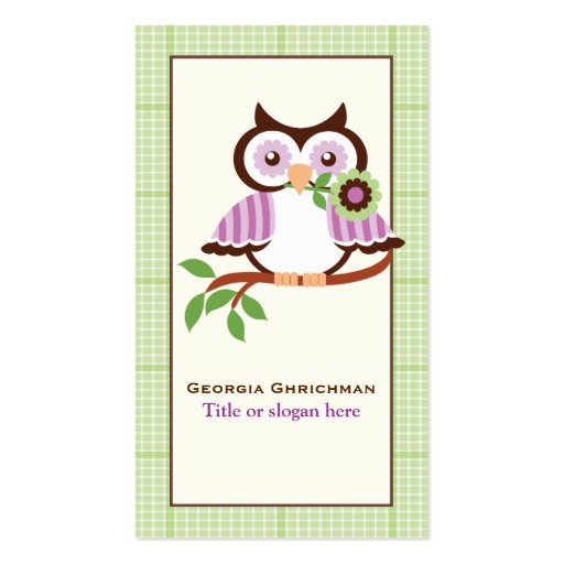 Cute spring owl on a branch, green plaid border business card (front side)