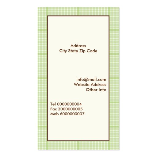 Cute spring owl on a branch, green plaid border business card (back side)