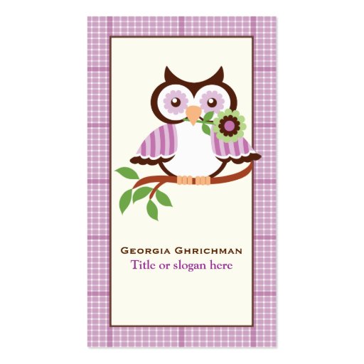 Cute spring owl on a branch, purple plaid border business card template (front side)