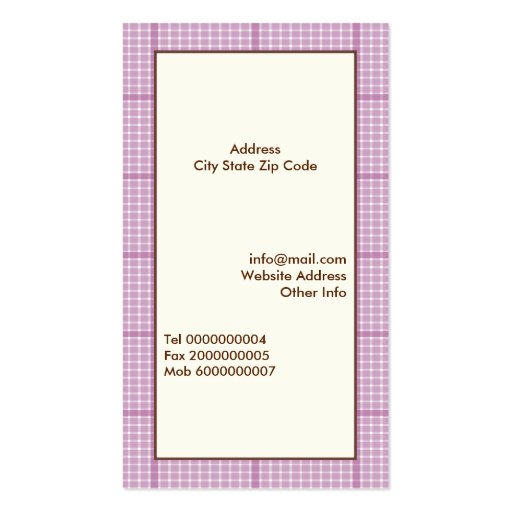 Cute spring owl on a branch, purple plaid border business card template (back side)