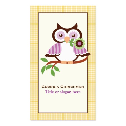Cute spring owl on a branch, yellow plaid border business card template (front side)