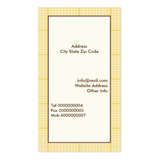Cute spring owl on a branch, yellow plaid border business card template (back side)