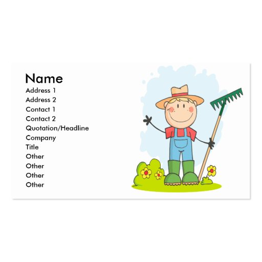 cute stick figure boy gardener farmer business card templates (front side)