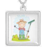 cute stick figure boy gardener farmer personalized necklace