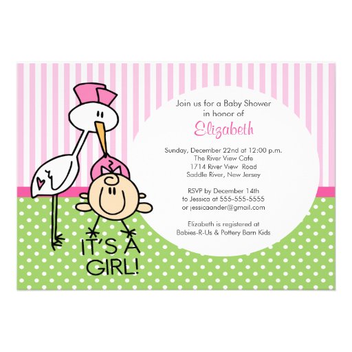 Cute Stork Baby Girl Baby Shower Invitations