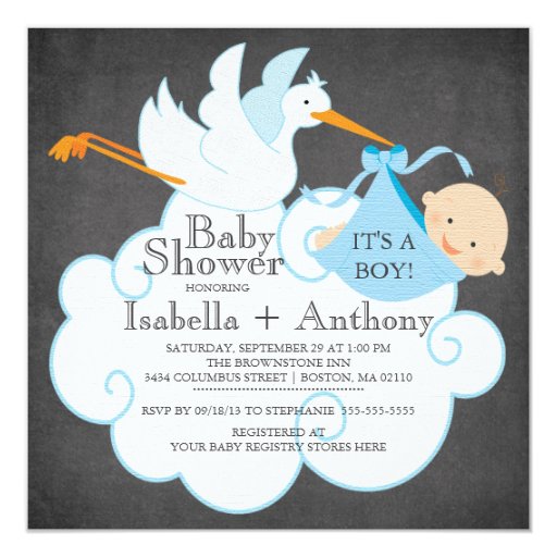 Cute Stork Chalkboard Boy Baby Shower Invitatation Personalized Invites