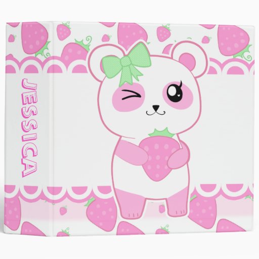 Cute Strawberry pink Kawaii Panda bear Binder | Zazzle