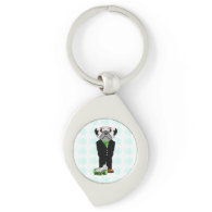 Cute, Stubborn Pug with Flower Pattern Silver-Colored Swirl Keychain