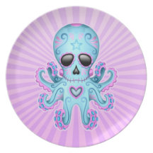 Cute Sugar Skull Zombie Octopus - Blue Purple Dinner Plates