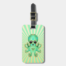 Cute Sugar Skull Zombie Octopus - Green Bag Tags