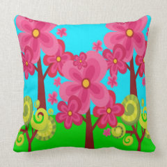 Cute Summer Fun Pink Flower Trees Lollipop Forest Throw Pillows