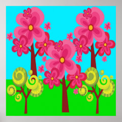 Cute Summer Fun Pink Flower Trees Lollipop Forest Print