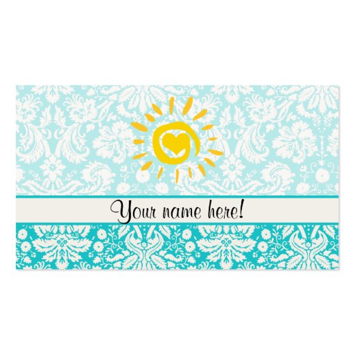 Cute Sun; Teal Damask Business Card (front side)