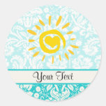 Cute Sun; Teal Damask Round Sticker