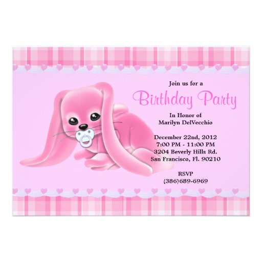 CUTE Sweet Plush Pink Bunny Rabbit Birthday Invitation
