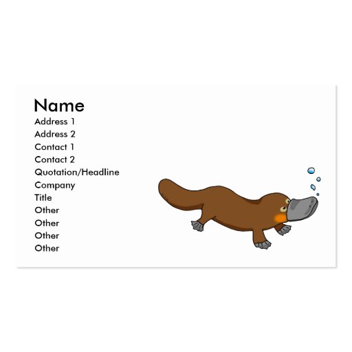 Cute swimming duck-billed platypus business card template (front side)