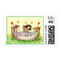 CUTE TEA PARTY GIRLS & BUTTERFLIES INVITE STAMPS