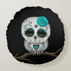 Cute Teal Day of the Dead Sugar Skull Owl Stars Round Pillow