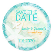 Cute Teal Starfish Beach Wedding Save the Date Round Sticker