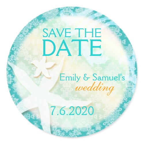 Cute Teal Starfish Beach Wedding Save the Date zazzle sticker