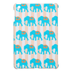 Cute Teal Turquoise Blue Elephants on Peach Stripe Case For The iPad Mini