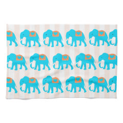 Cute Teal Turquoise Blue Elephants on Peach Stripe Hand Towels