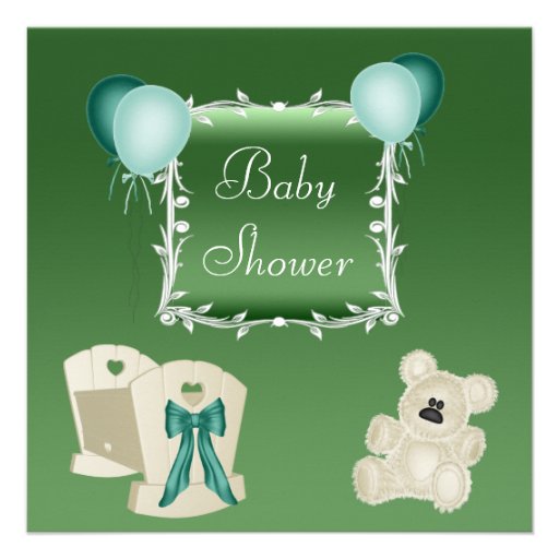 Cute Teddy Bear & Balloons Neutral Baby Shower Announcements