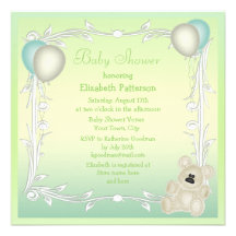 Cute Teddy Bear & Balloons Neutral Baby Shower Custom Announcement