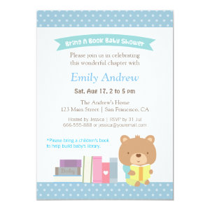 Cute Teddy Bear Blue Polka Dots Book Baby Shower Personalized Announcement Card