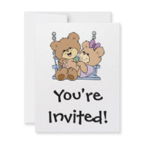 cute teddy bear couple romance on bench swing custom invites