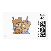 cute teddy bear couple romance on bench swing postage stamp