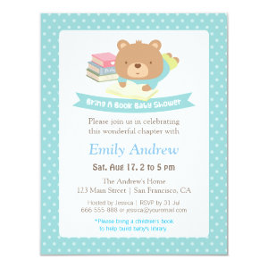 Cute Teddy Bear Polka Dots Book Themed Baby Shower Custom Announcements
