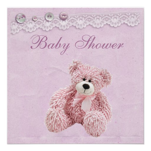 Cute Teddy Bear Vintage Lace Baby Girl Shower Custom Invitation