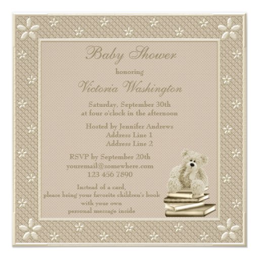 Cute Teddy Neutral Bring a Book Baby Shower Personalized Announcement