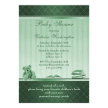 Cute Teddy Neutral Green Bring a Book Baby Shower Invite