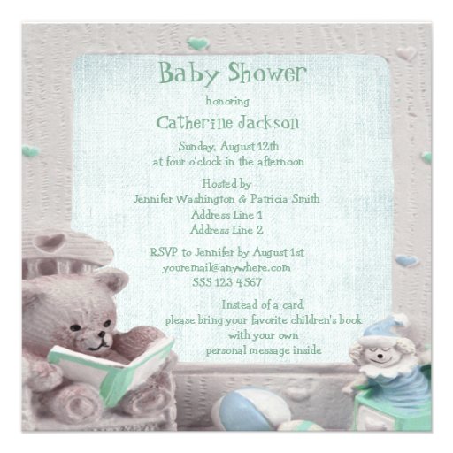 Cute Teddy Reading Bring a Book Baby Shower Invitation